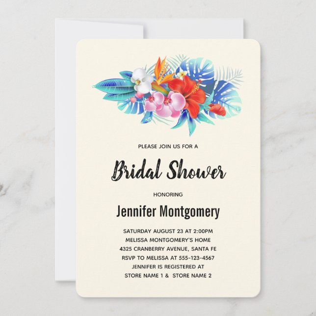 Exotic Tropical Flowers Pink & Aqua Bridal Shower Invitation (Front)