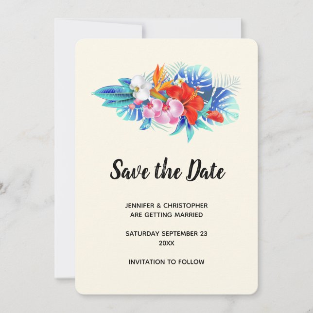 Exotic Tropical Flowers - Pink & Aqua Save The Date (Front)