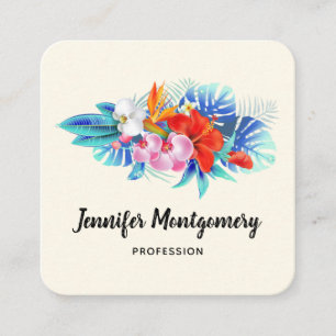 Exotic Tropical Flowers - Pink & Aqua Square Business Card