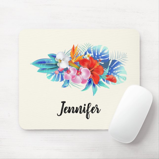 Exotic Tropical Flowers - Pink & Aquamarine Mouse Pad (With Mouse)