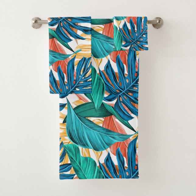 Exotic Tropical Foliage Leaves Teal Blue Sienna Bath Towel Set (Insitu)