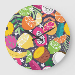 Exotic Tropical Fruits Dark Background Large Clock