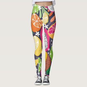 Exotic Tropical Fruits Dark Background Leggings