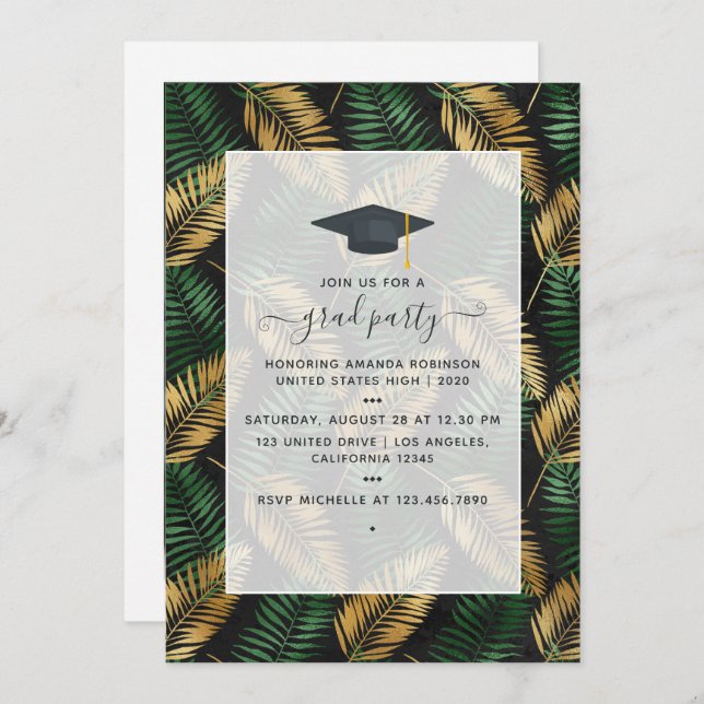 Exotic Tropical Green and Gold Graduation Party Invitation (Front/Back)