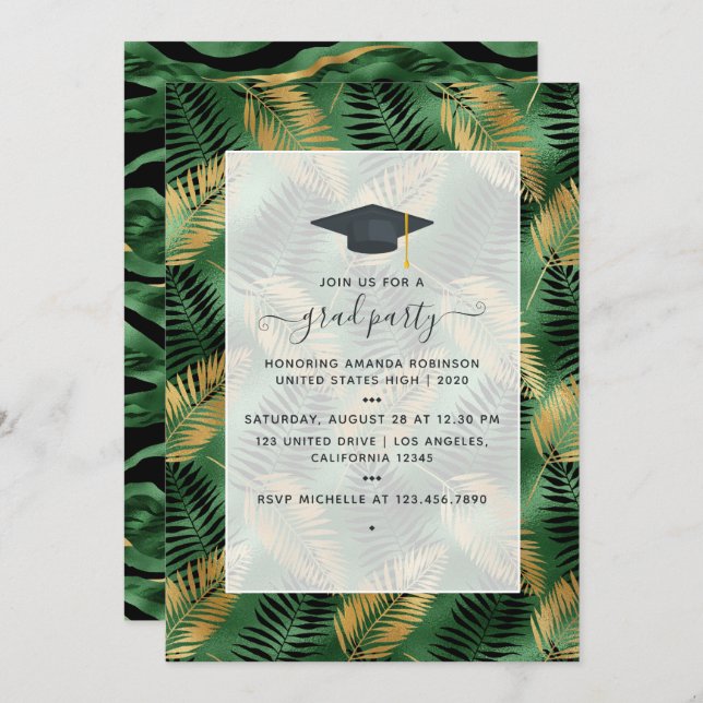 Exotic Tropical Green and Gold Graduation Party Invitation (Front/Back)