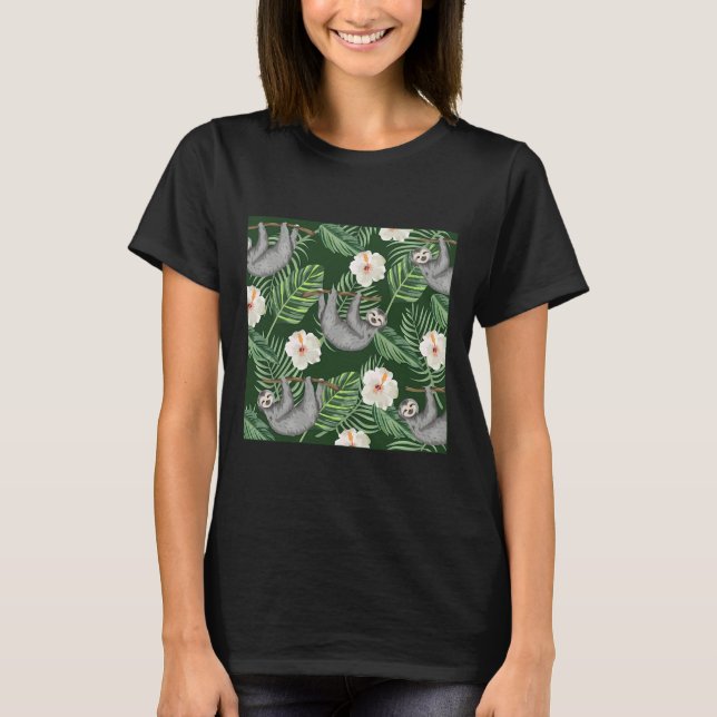 Exotic Tropical Hibiscus Flowers And Hanging Sloth T-Shirt (Front)