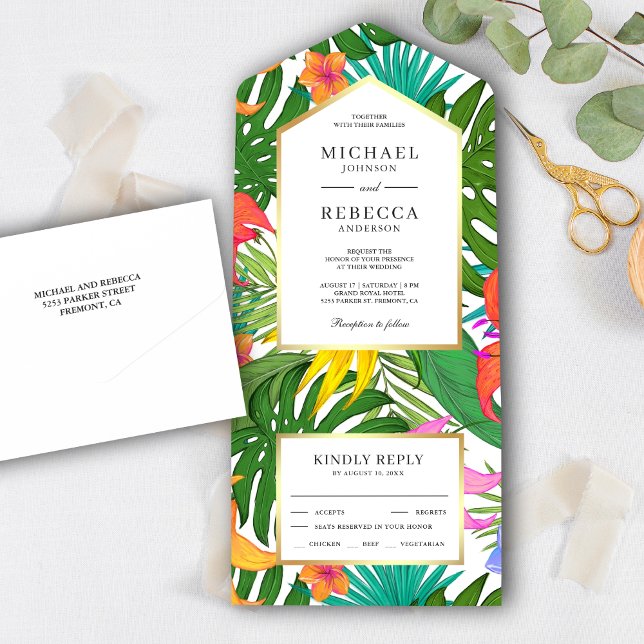 Exotic Tropical Leaves Colourful Garden Wedding All In One Invitation (Creator Uploaded)