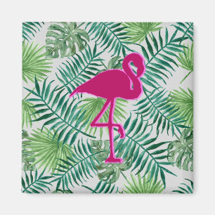 Exotic Tropical Leaves Pattern and Pink Flamingo Magnet