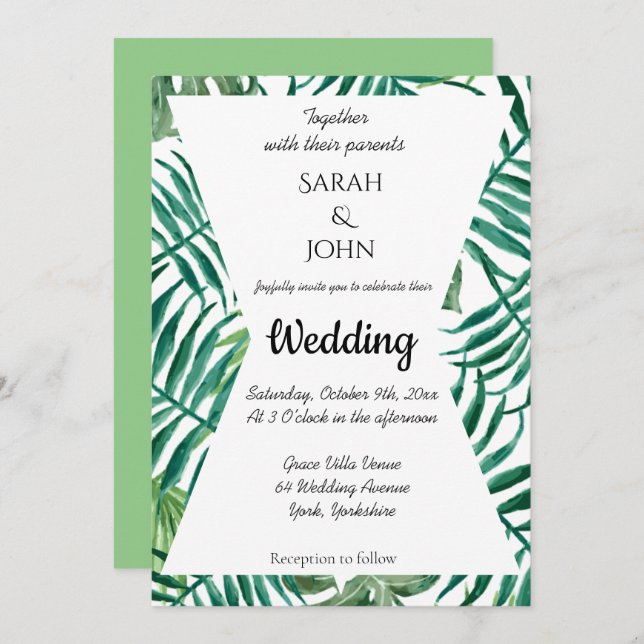 Exotic Tropical Palm Leaves Greenery Wedding Invitation (Front/Back)