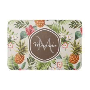 Exotic Tropical Pineapple Floral Brown Monogram Bath Mat