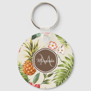 Exotic Tropical Pineapple Floral Brown Monogram Key Ring