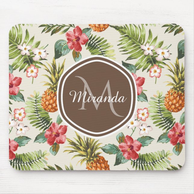 Exotic Tropical Pineapple Floral Brown Monogram Mouse Pad (Front)