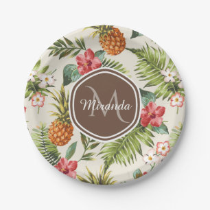 Exotic Tropical Pineapple Floral Brown Monogram Paper Plate