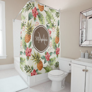 Exotic Tropical Pineapple Floral Brown Monogram Shower Curtain
