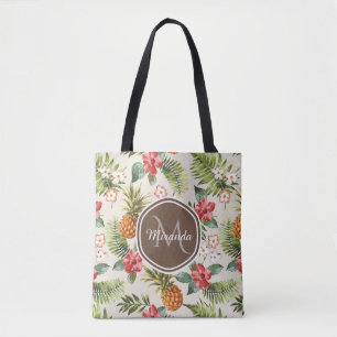 Exotic Tropical Pineapple Floral Brown Monogram Tote Bag