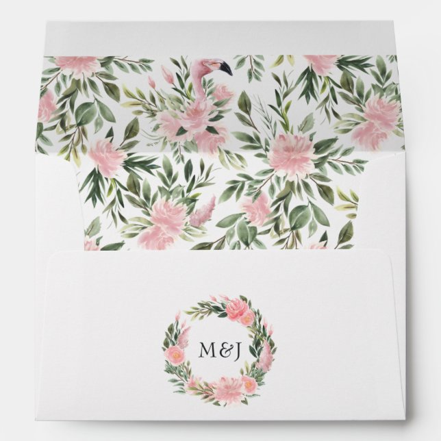 Exotic Tropical Pink Flamingo Wedding Monogram Envelope (Back (Bottom))