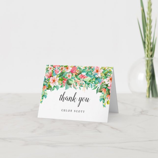 Exotic Tropical Pink Floral Bridal Shower Photo Thank You Card (Front)