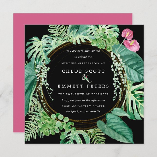 Exotic Tropical Pink Floral Winter Wedding Invitation (Front/Back)