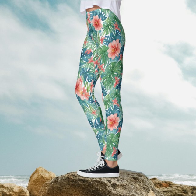 Exotic Tropical Red Hibiscus Hawaiian Watercolor Leggings (Creator Uploaded)