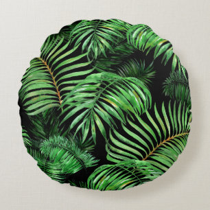 Exotic tropical, watercolor palm pattern. round cushion