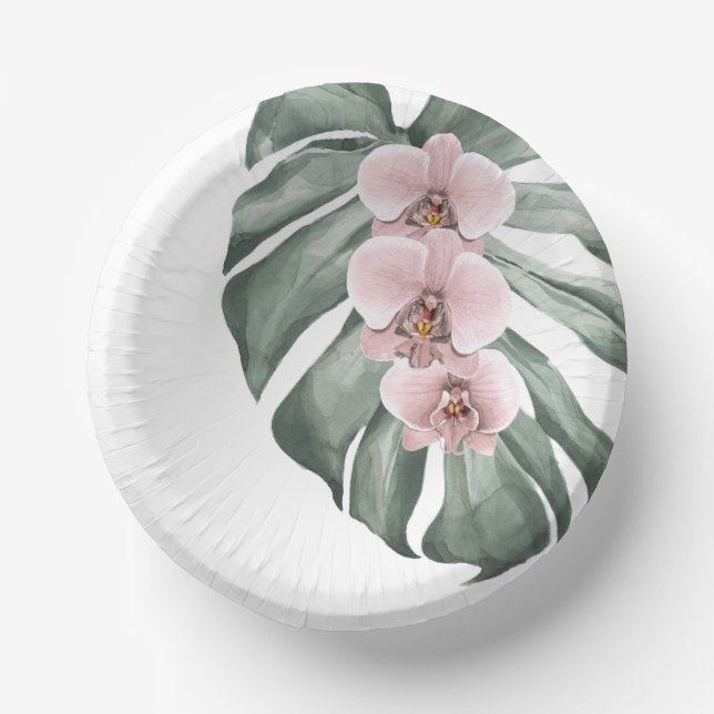 Exotic Tropical Watercolor Pink Orchids Paper Plate (Front)