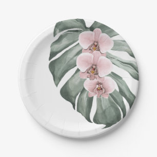 Exotic Tropical Watercolor Pink Orchids Paper Plate