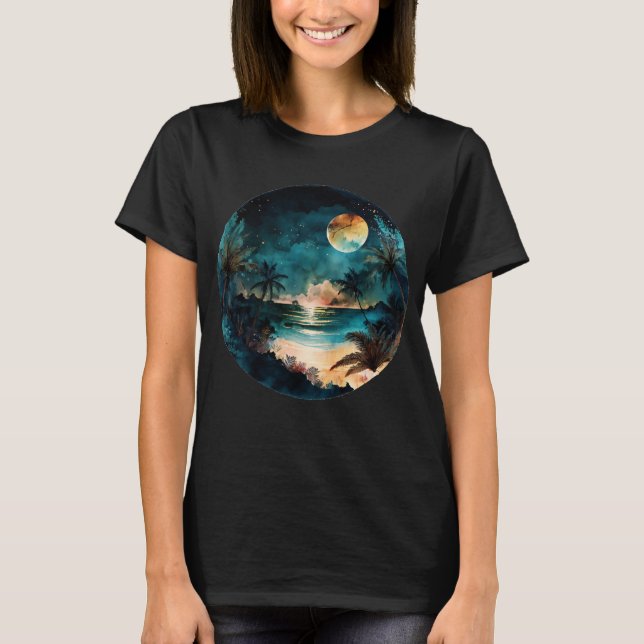 Exotic Watercolor Beach Sunset T-Shirt (Front)