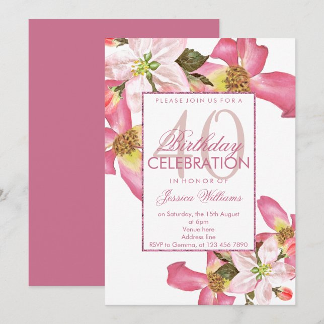 Exotic Watercolor Flowers 40th Birthday Party Invitation (Front/Back)