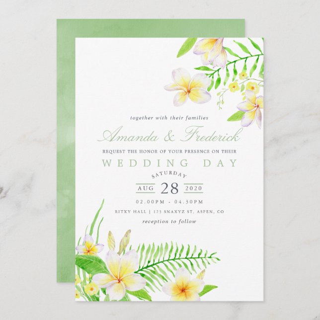 Exotic Watercolor Frangipani Floral Wedding Invite (Front/Back)
