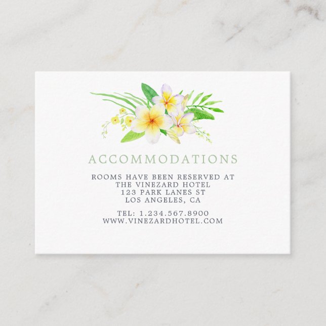 Exotic Watercolor Frangipani Wedding Accommodation Enclosure Card (Front)