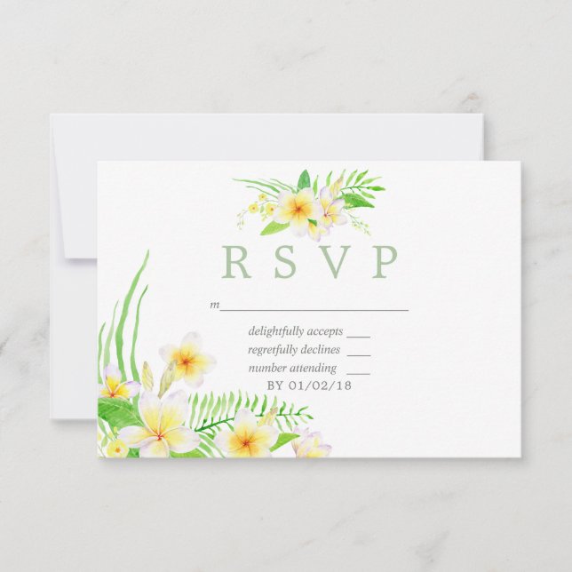 Exotic Watercolor Frangipani Wedding RSVP Card (Front)