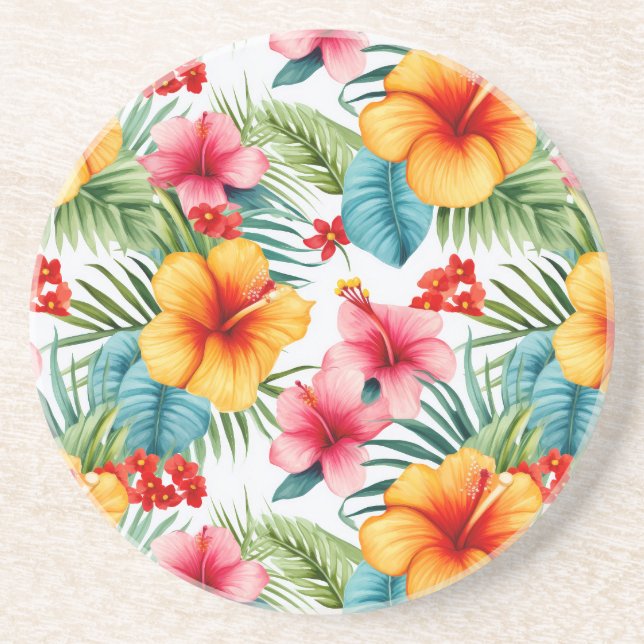 Exotic Watercolor Hawaiian Floral Sandstone Coaster (Front)