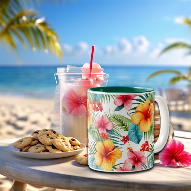 Exotic Watercolor Hawaiian Floral Two-Tone Coffee Mug (Creator Uploaded)