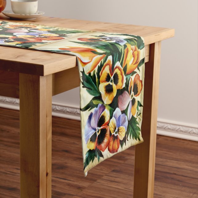 Exotic Watercolor Multicolored Pansies Short Table Runner (In Situ)