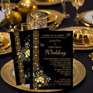 Exotic Wedding Black Gold Floral Butterfly Invitation