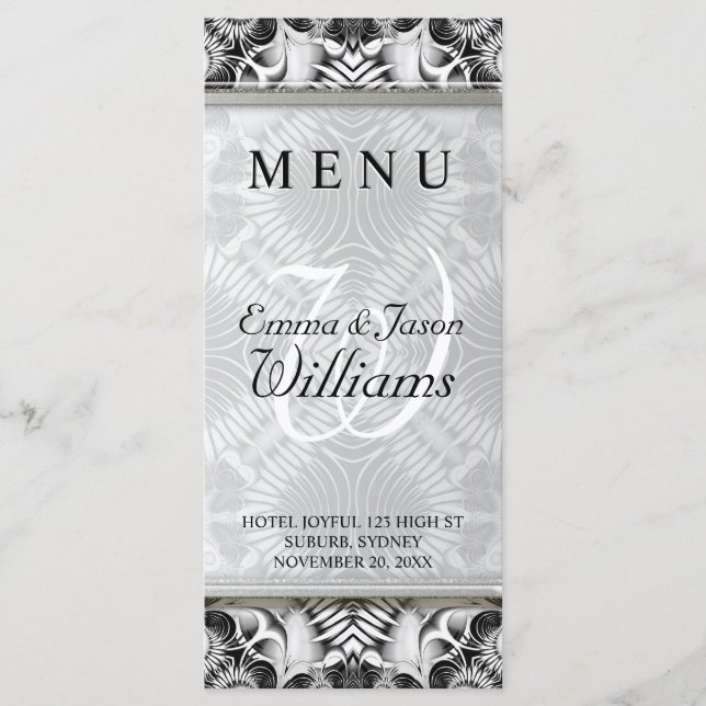 Exotic White & Grey Geometric Pattern Wedding Menu (Front)