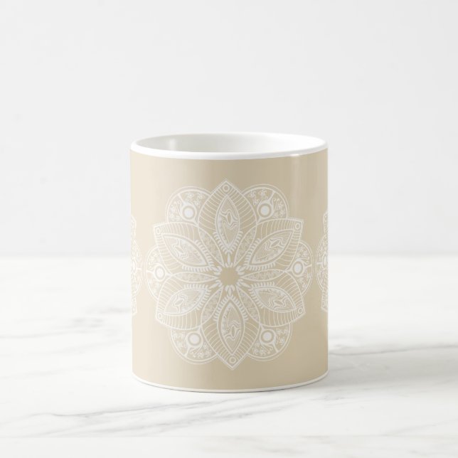 Exotic White Mandala on Beige Background Coffee Mug (Center)