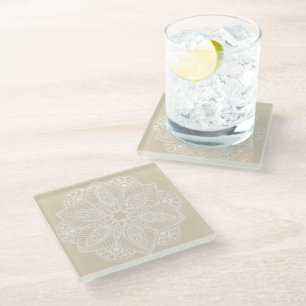 Exotic White Mandala on Beige Background Glass Coaster