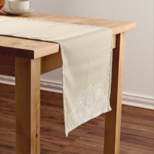 Exotic White Mandala on Beige Background Medium Table Runner