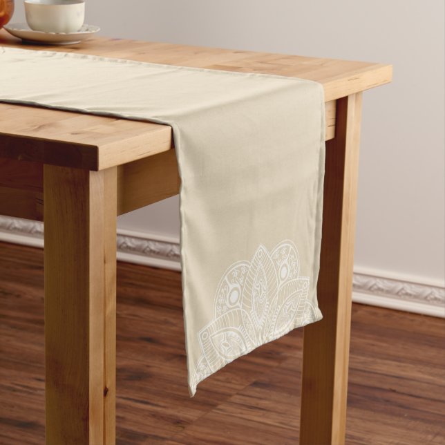 Exotic White Mandala on Beige Background Medium Table Runner (In Situ)