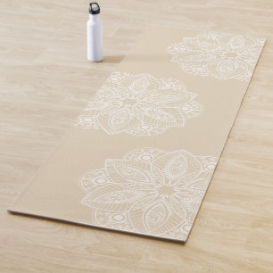 Exotic White Mandala on Beige Background Yoga Mat