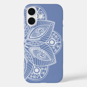 Exotic White Mandala on Blue Background iPhone 16 Case