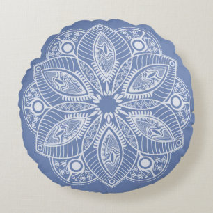 Exotic White Mandala on Blue Background Round Cushion