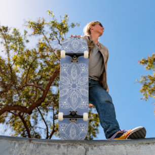 Exotic White Mandala on Blue Background Skateboard