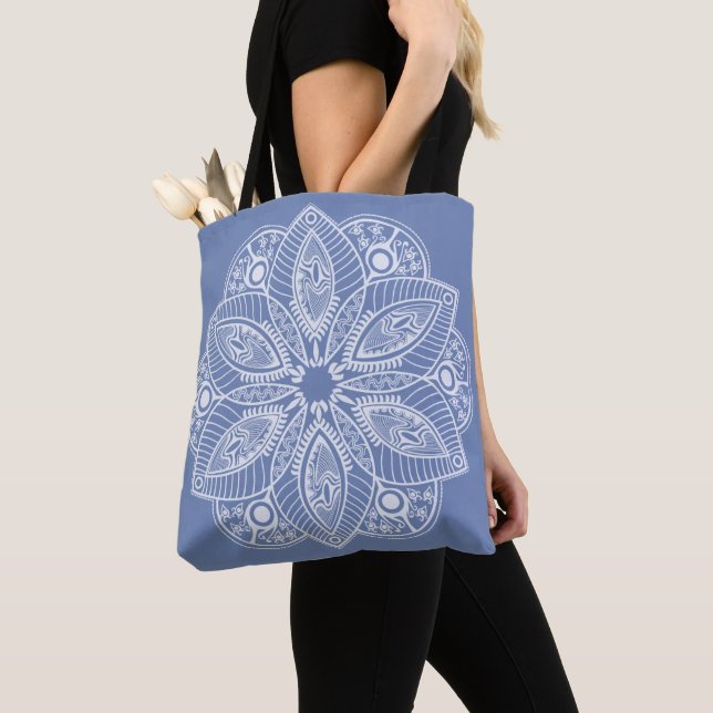 Exotic White Mandala on Blue Background Tote Bag (Close Up)