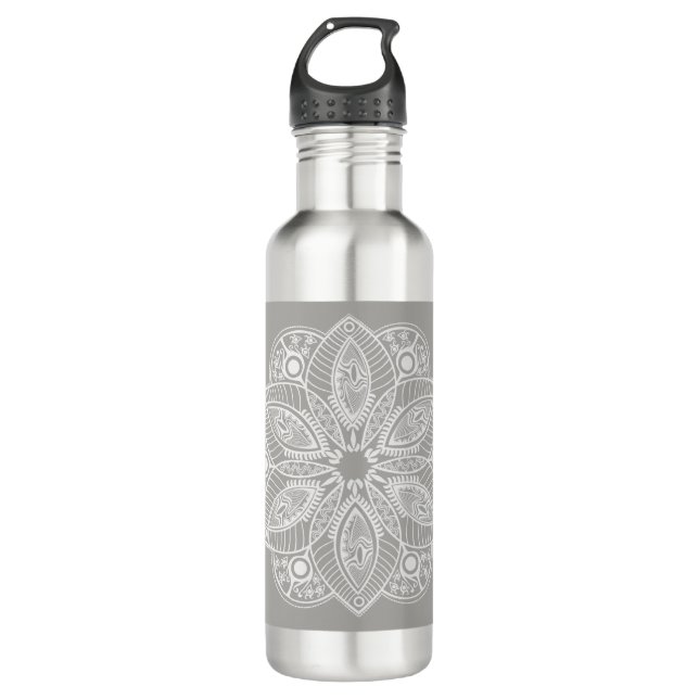 Exotic White Mandala on Grey Background 710 Ml Water Bottle (Front)