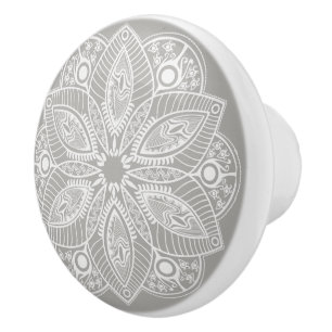 Exotic White Mandala on Grey Background Ceramic Knob