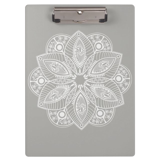 Exotic White Mandala on Grey Background Clipboard (Front)