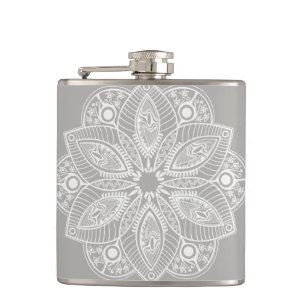 Exotic White Mandala on Grey Background Hip Flask
