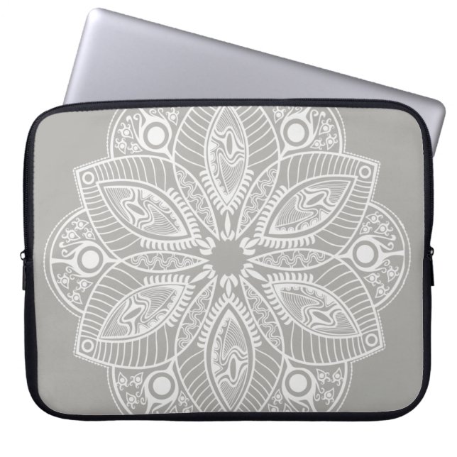 Exotic White Mandala on Grey Background Laptop Sleeve (Front)